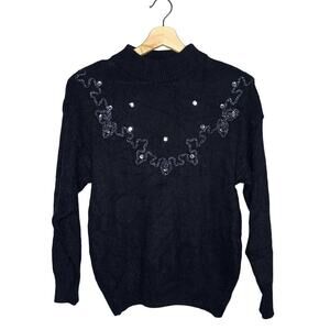 Glitz Vintage Silk Blend Beaded/Embroidered Mock Neck Sweater Black Size Large
